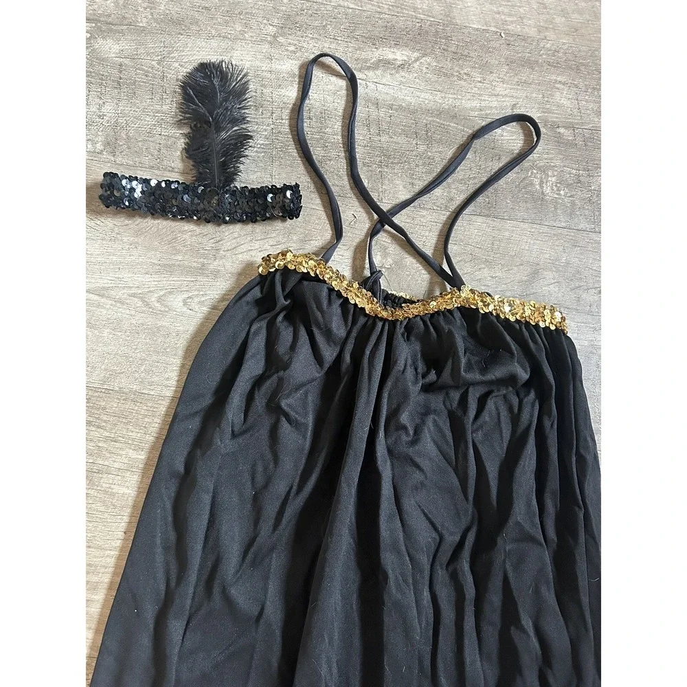Fringed Flapper Dress Roaring‎ 20's Black Gold Sequin Headband Halloween Teen